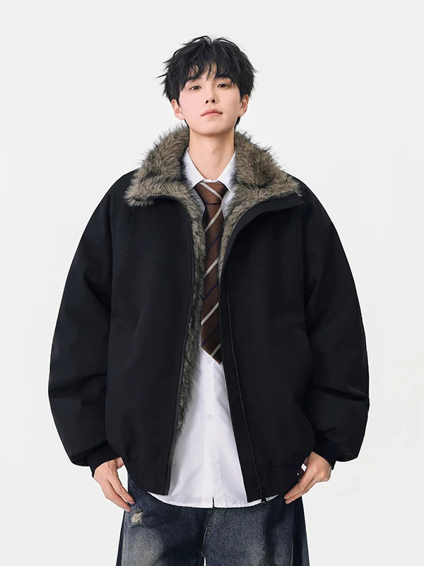 Men's Thiened Faux Fur Collar Cotton Jaet Winter Sli American Retro Fce Lined Quilted Coat Youth Casual Zipper Clo...