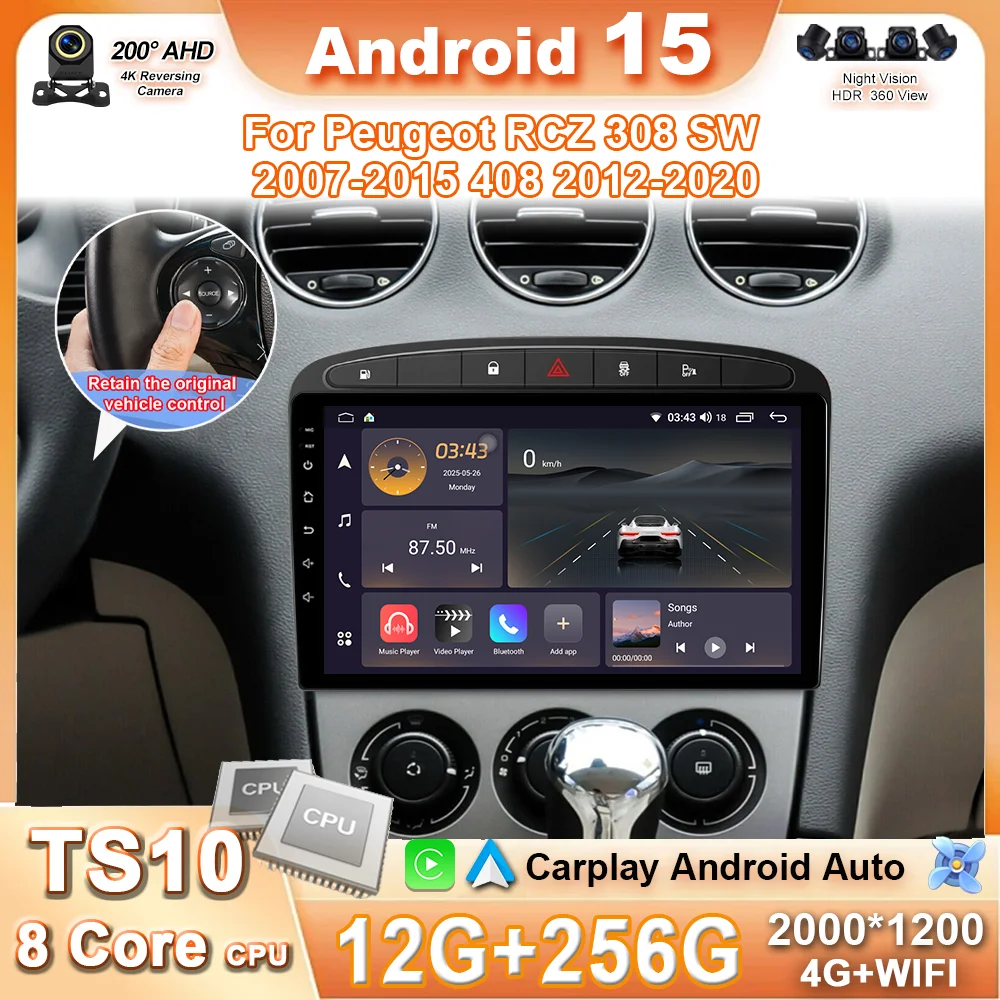 

Автомобиль для Peugeot RCZ 308 SW 2007-2015 408 2012-2020 Android 15 CarPlay авто радио мультимедийный видеоплеер GPS стерео 4G WIFI BT