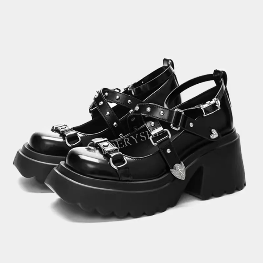 

Summer Black Platform Mary Jane Pumps Solid Women Round Toe Thick Heel Ankle Buckle Cool Party Fashion Shoes