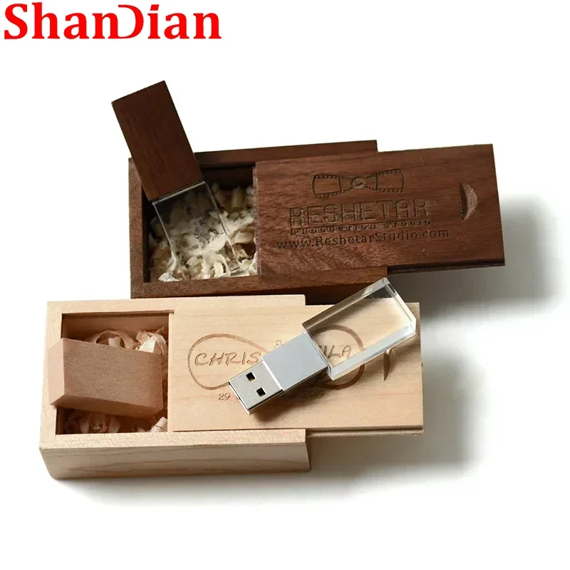 SHANDIAN creative wooden and crystal pendrive 4GB 32GB pen drive 16GB 64GB USB flash drive memory stick LOGO customized gifts