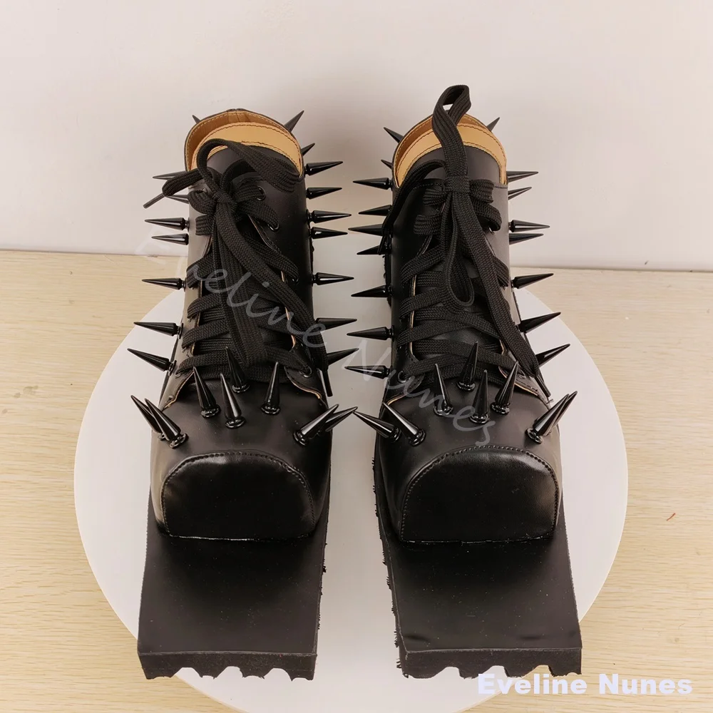 Gothic Punk Spiked Square Toe Oxford Shoes Men Black Rivet Studded Serrated Thick Sole Low‑Top Shoes Party Club Cosplay Shoes