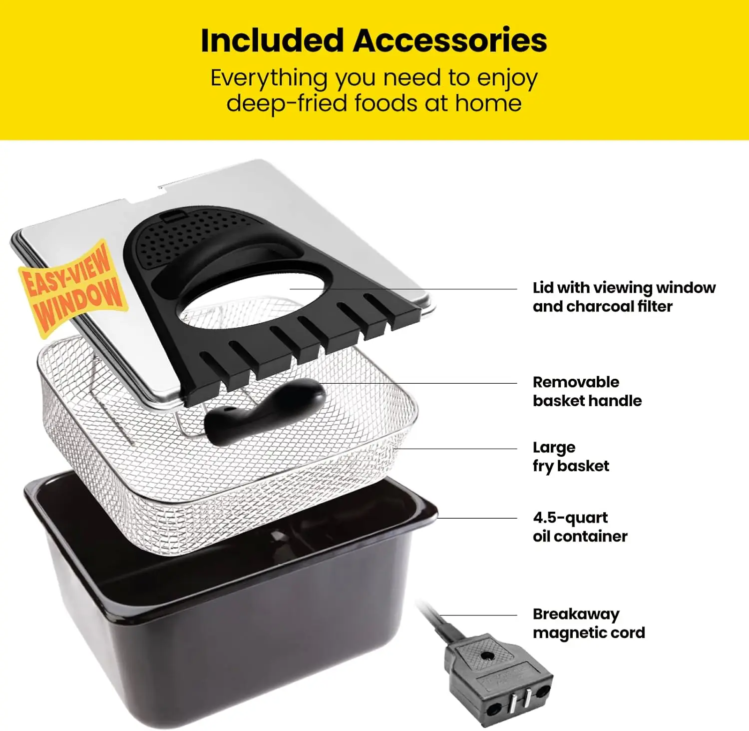 4.5 리터 딥 프라이어 바구니 채반, XL 점보 사이즈, 온도 및 타이머 조절 가능, 프라이드 치킨, 새우, 프렌치 요리에 적합