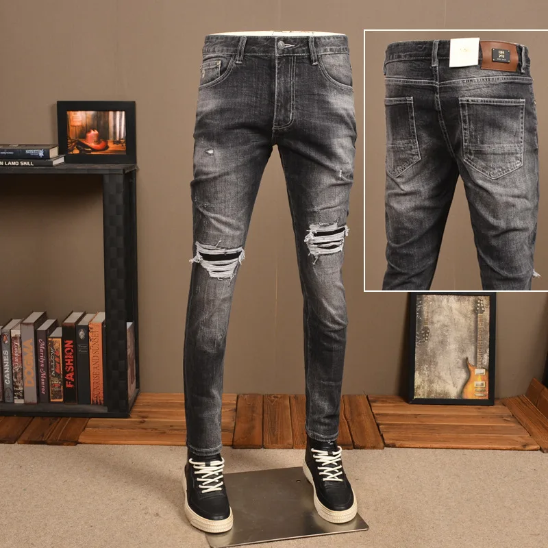 Vintage Printed Ripped Jeans Men's Street Handsome All-Match Stretch High Street Spray Paint Casual Skinny Tappered Pants