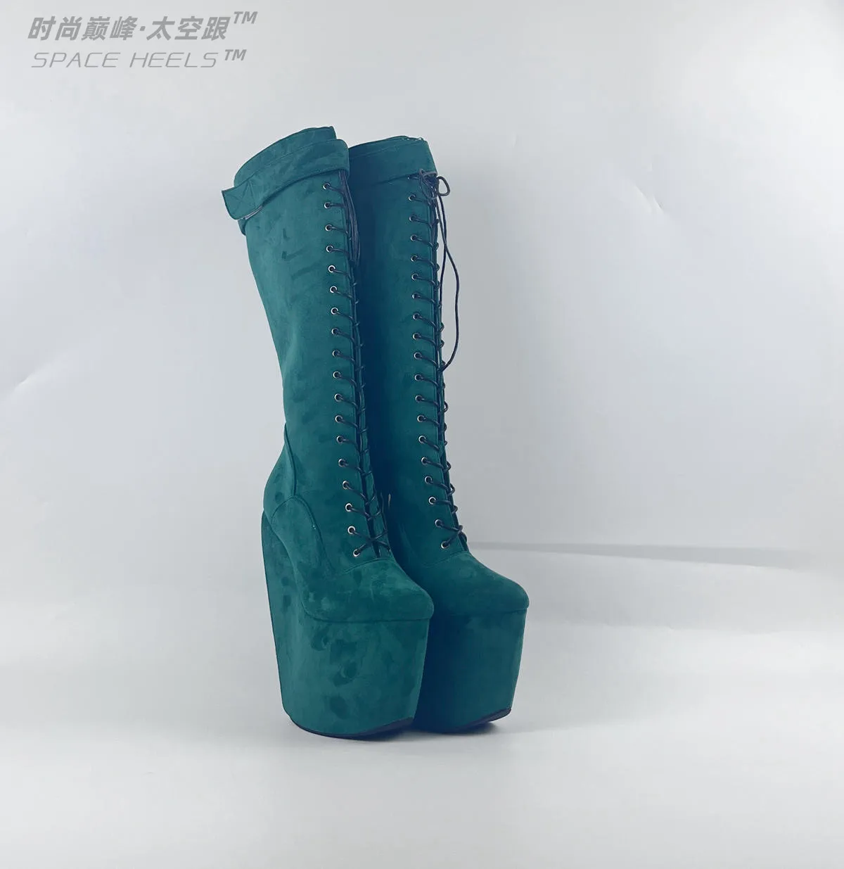 seekMate Space Heel Super High Heel Boots Sexy Fancy Shaped Heel Green Men's and Women's High Heel Boots Suede Boots High Boots