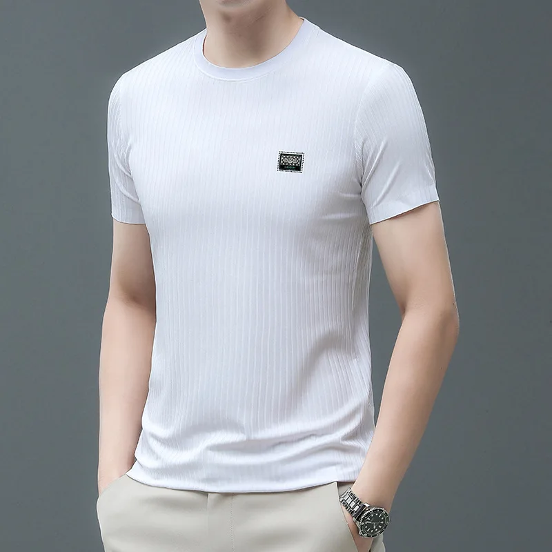 Fashion Casual Men Knitted T-shirt Streetwear Male Clothes Tees Summer New Breathable Short Sleeve Loose Basic Bottoming Tops