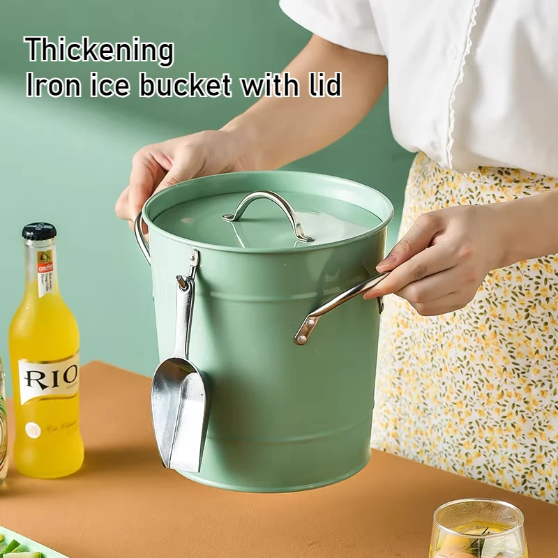 Galvanized Iron Art Thickened Ice Bucket with Lid Portable Circular for Bar Home Outdoor Picnic