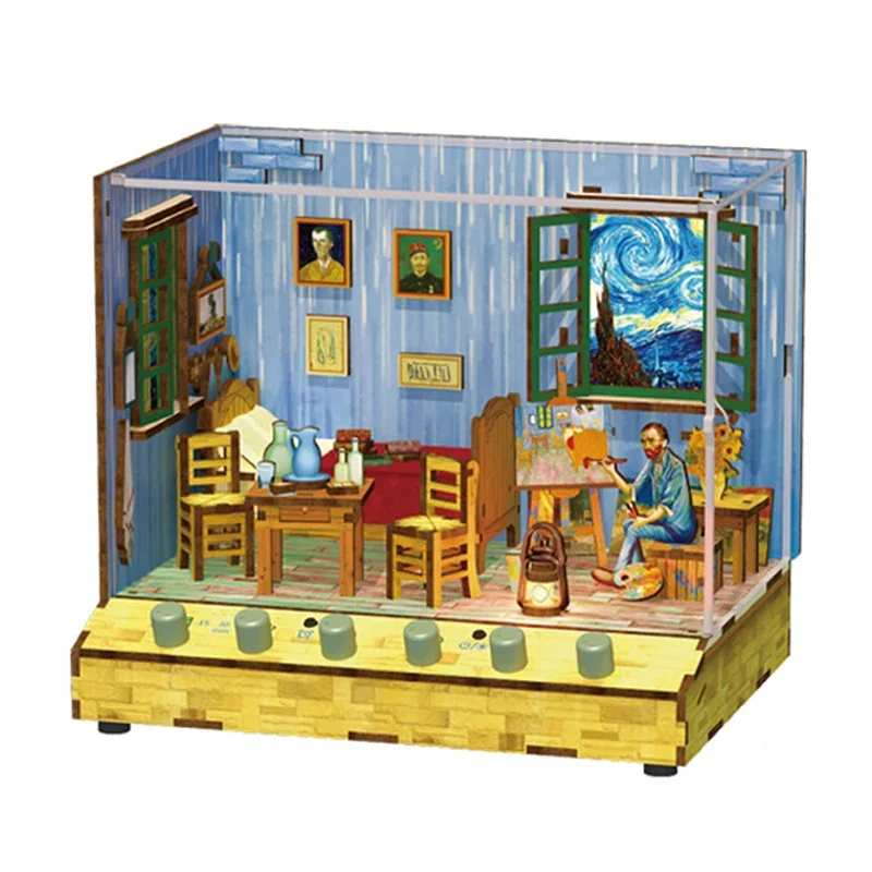 Animation Assembly House Van Gogh's Bedroom DIY Handmade Pop-up Book Building Block Toy Wooden Miniature Model Birthday Gift