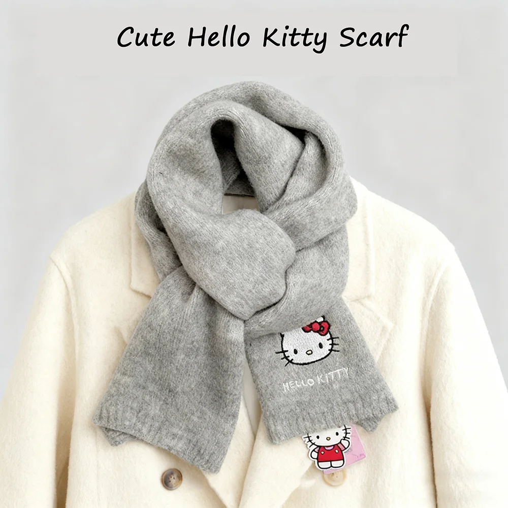 

Cute Sanrio Hellokitty Soft Knitted Wool Scarf For Women Winter Warm Embroidery Wool Scarf For Girl Christmas Birthday Gift