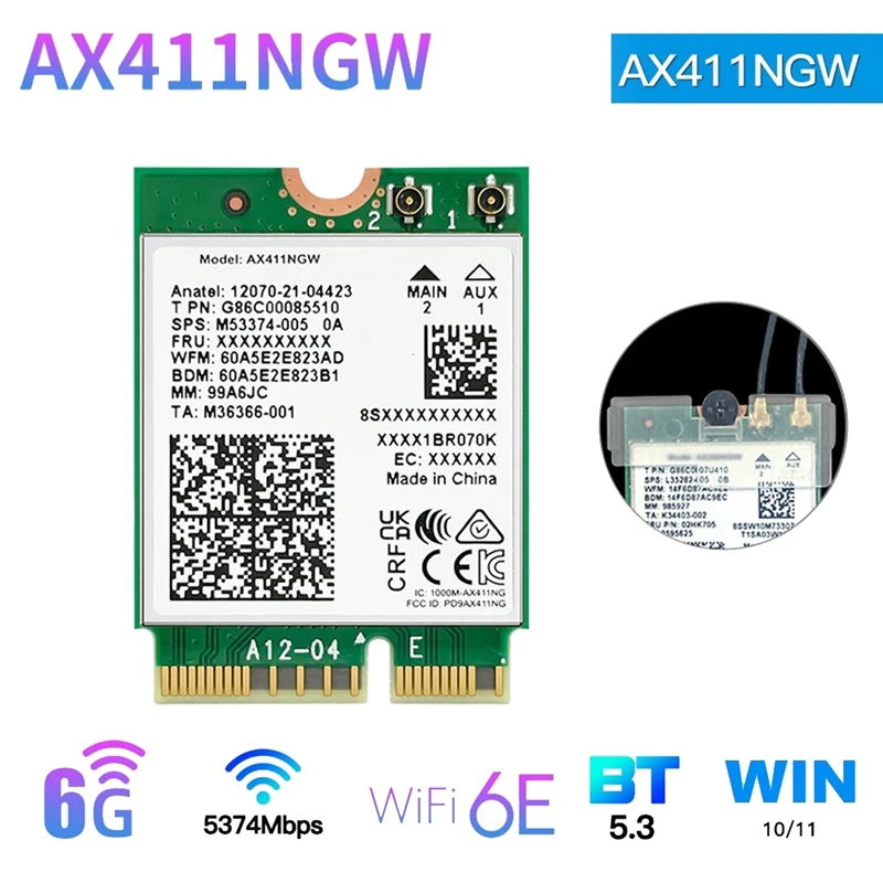 Adaptador de red para ordenador portátil y PC, tarjeta WiFi para Intel AX411, 6E, CNVio2, Bluetooth 5,3, tribanda de 5374Mbps, Win10/11-64bit