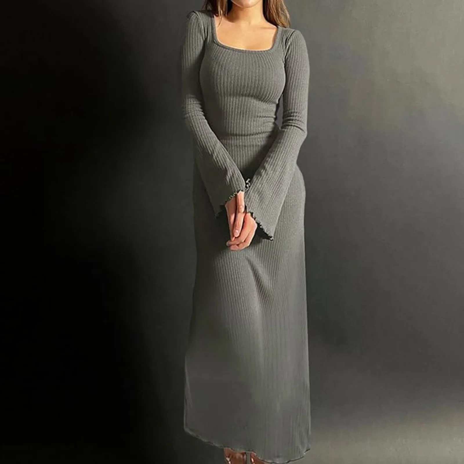 Winter Women Long Sleeve Square Neck Slim Fit Dress Autumn Winter Solid Color Knitted Long Dress for Daily Street Dress Robe