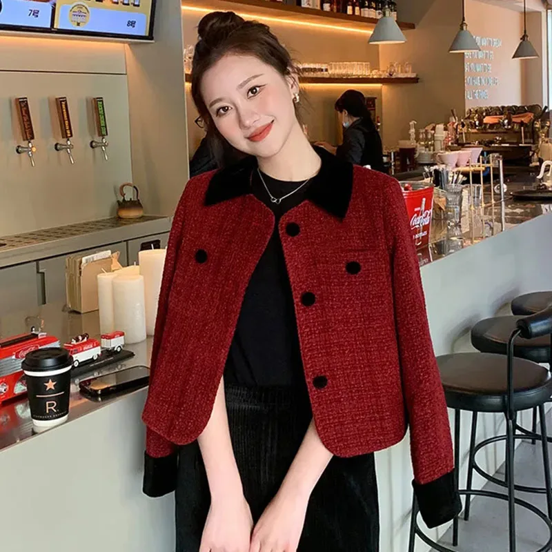 Vintage Red Short Woolen Coats Women Korean Fashion Turndown Collar Tweed Jacket Ladies Autumn Winter New Long Sleeve Outerwear