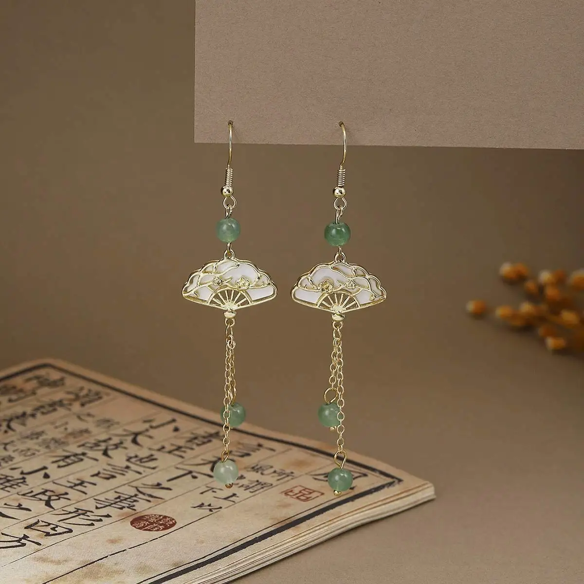 

12Pairs Woman Earrings 2025 New Fan Charm Dangle Tassel Pendant Chinese Style Jewelry Festival Party Gift Fit Hanfu Cheongsam