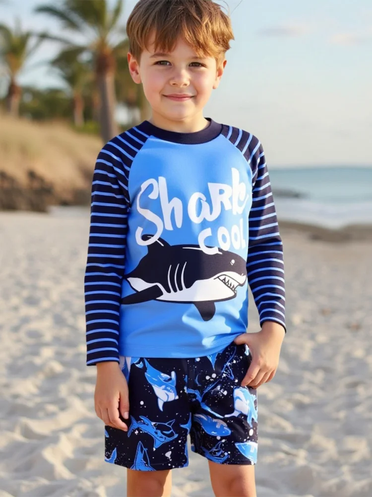 

Boy Kids Swimsuit 2025 New Cartoon Shark Long Sleeves Children Swimwear Summer Two Piece Shorts Beachwear Bathing Suit Swimming