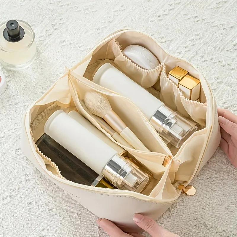 Large Leather Makeup Bag - Travel Toiletry Organizer with Multiple Pockets, Spacious Cosmetic Pouch, Portable Storage Case