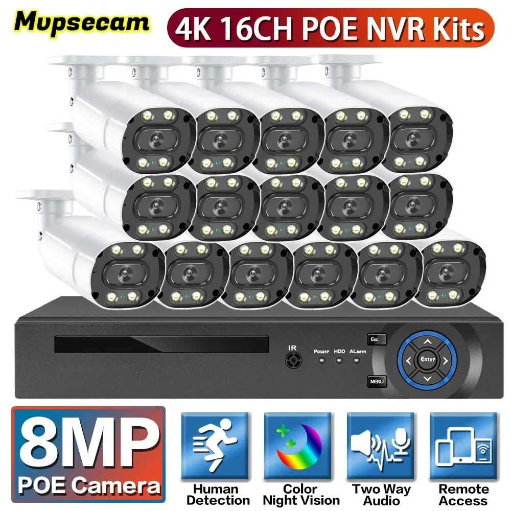 

16CH POE NVR Kit 4K Video CCTV Security IP Camera System 8MP Ai Human Detect Color Night Waterproof 2-Way Audio Surveillance Set