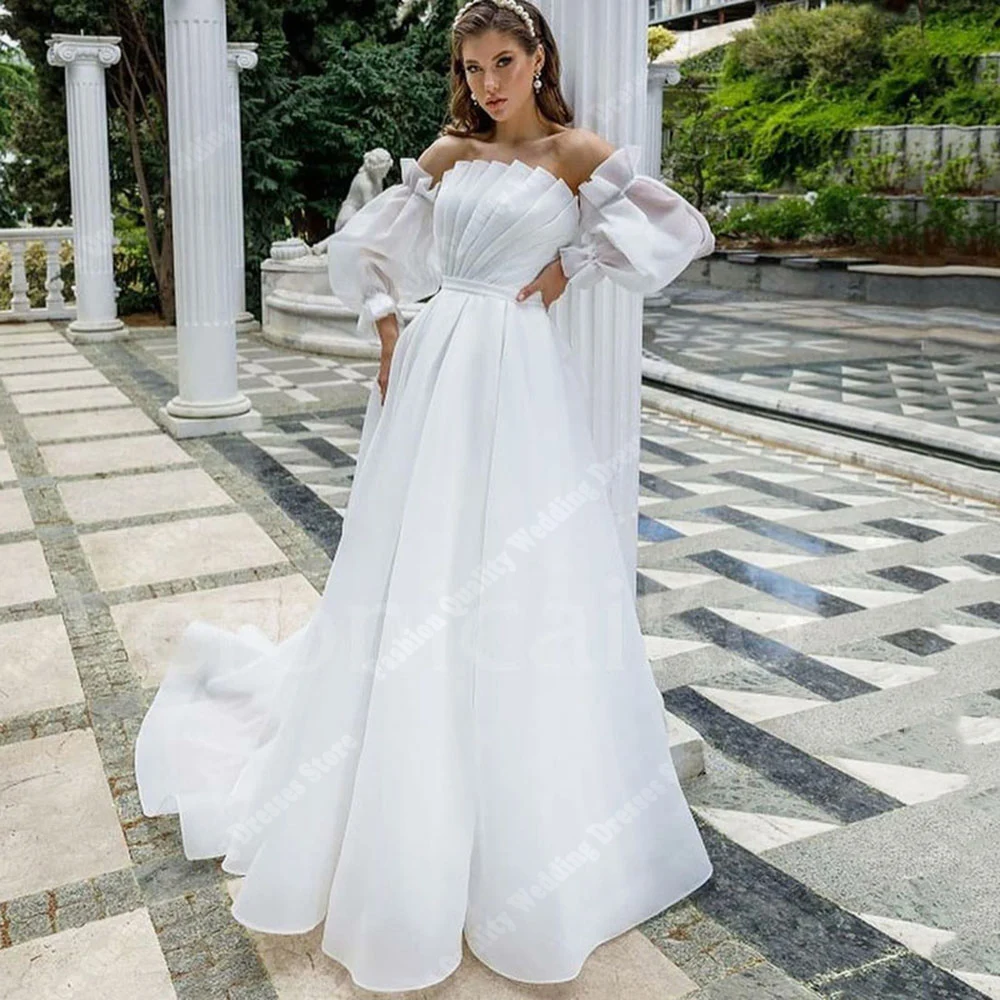 Elegant Tulle A-Line Women Wedding Dresses Vintage Off Shoulder Bridal Gowns Shining Fabric Design Princess Vestidos De Novias