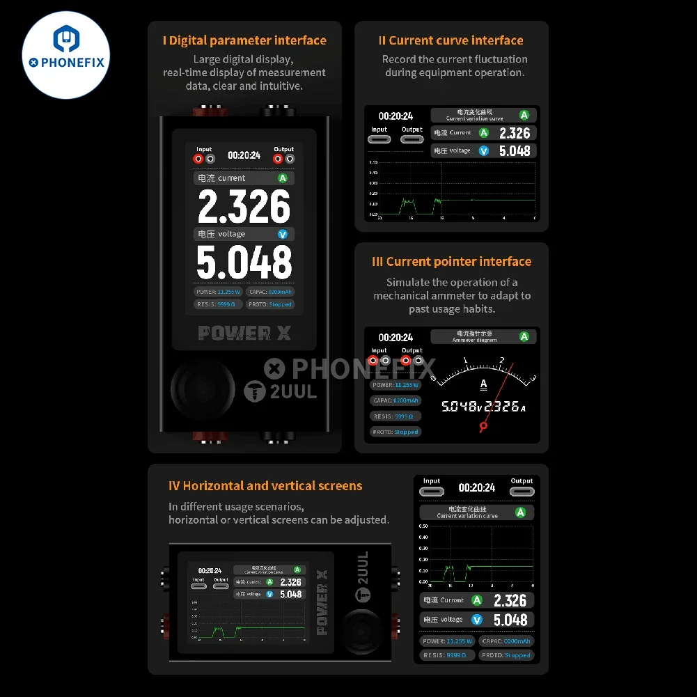 Imagem -05 - Tensão Testador de Corrente Alta Atualização Tela Colorida Telefone Laptop Pcb Ampère Volt Ferramentas de Medição de Precisão 2uul-power x