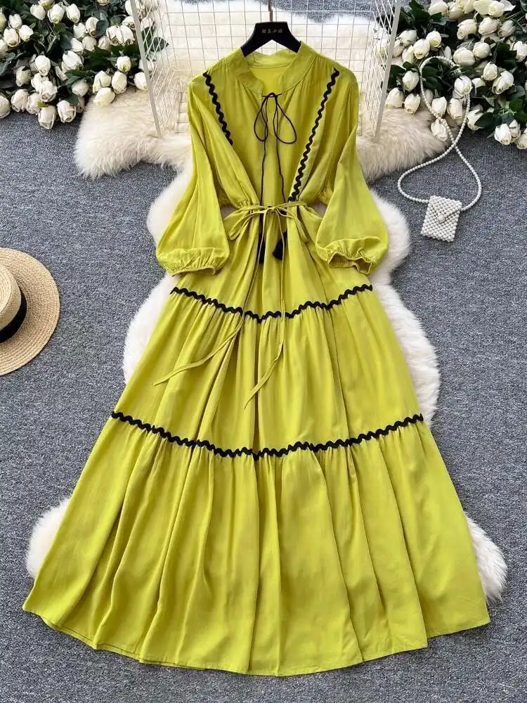 Französisch Frauen Vintage Kleid Welle Muster Verstärktes Laterne Hülse Strand Lange Kleider Damen Lose Frühling Herbst Lange Robe Vestidos