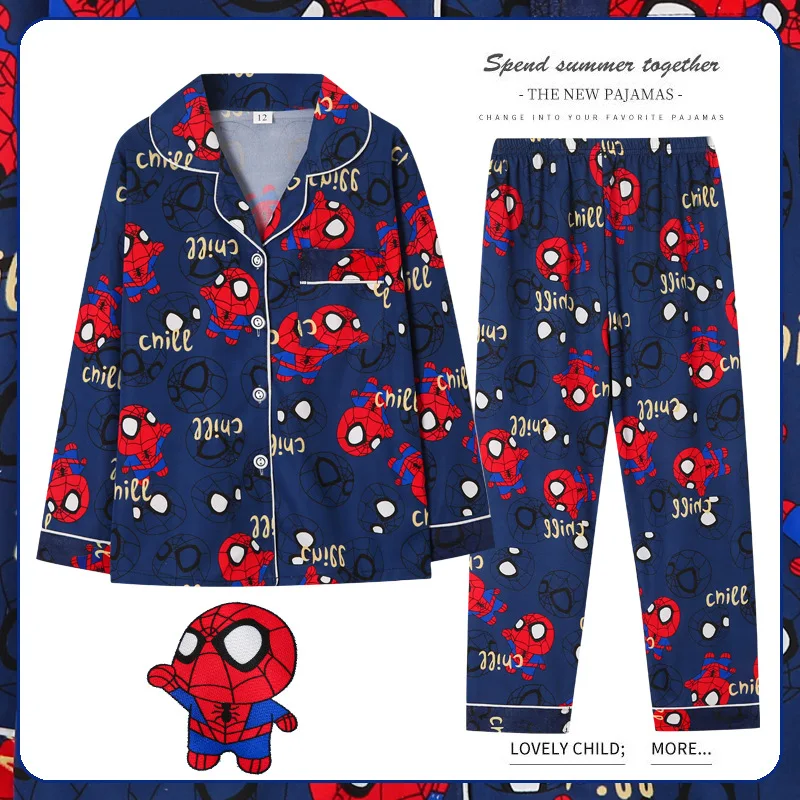 Boys Pajamas Sets Spring Autumn Children Cartoon Spiderman Turn-down Collar Long Sleeve Cardigan +Pants 2Pcs Suit Kids Nightwear