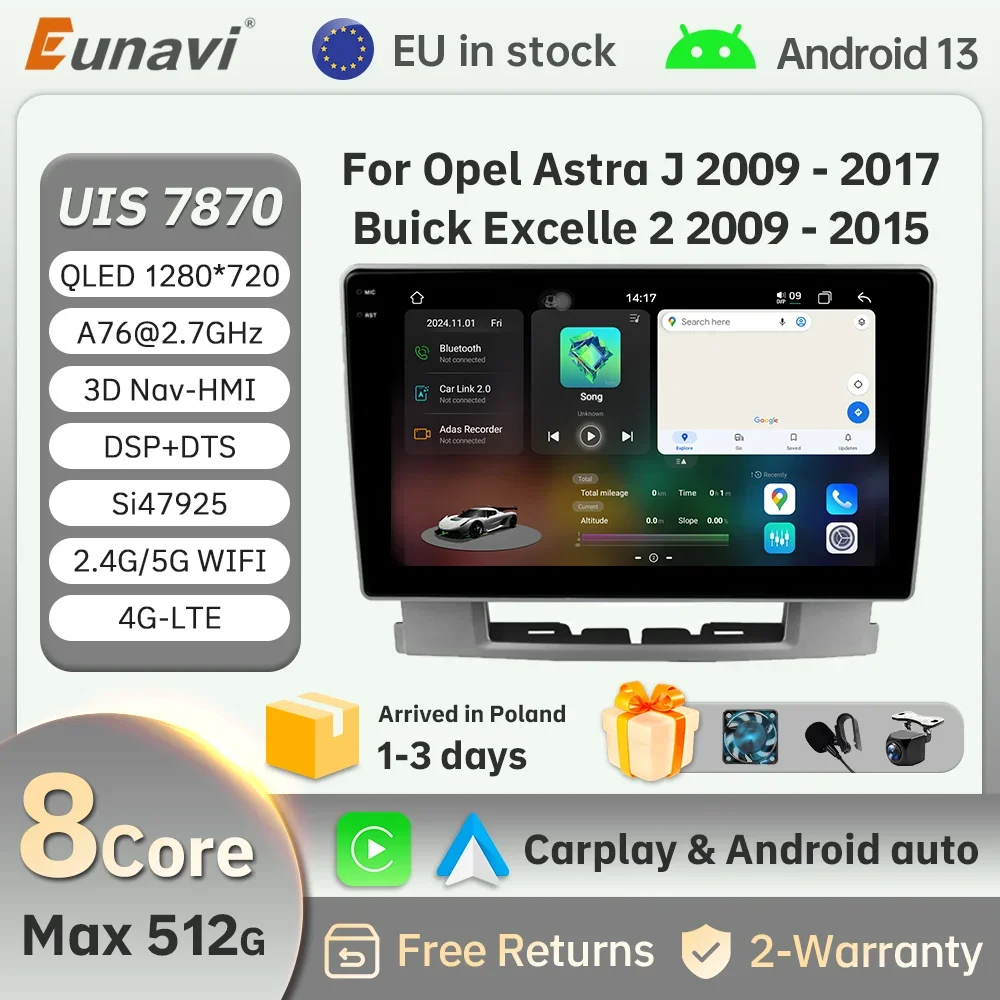 Eunavi 2Din 9 Inch Android13 Car Radio For Opel Astra J Buick Excelle 2 2009 - 2015 Multimedia 4G CarPlay RDS DSP GPS