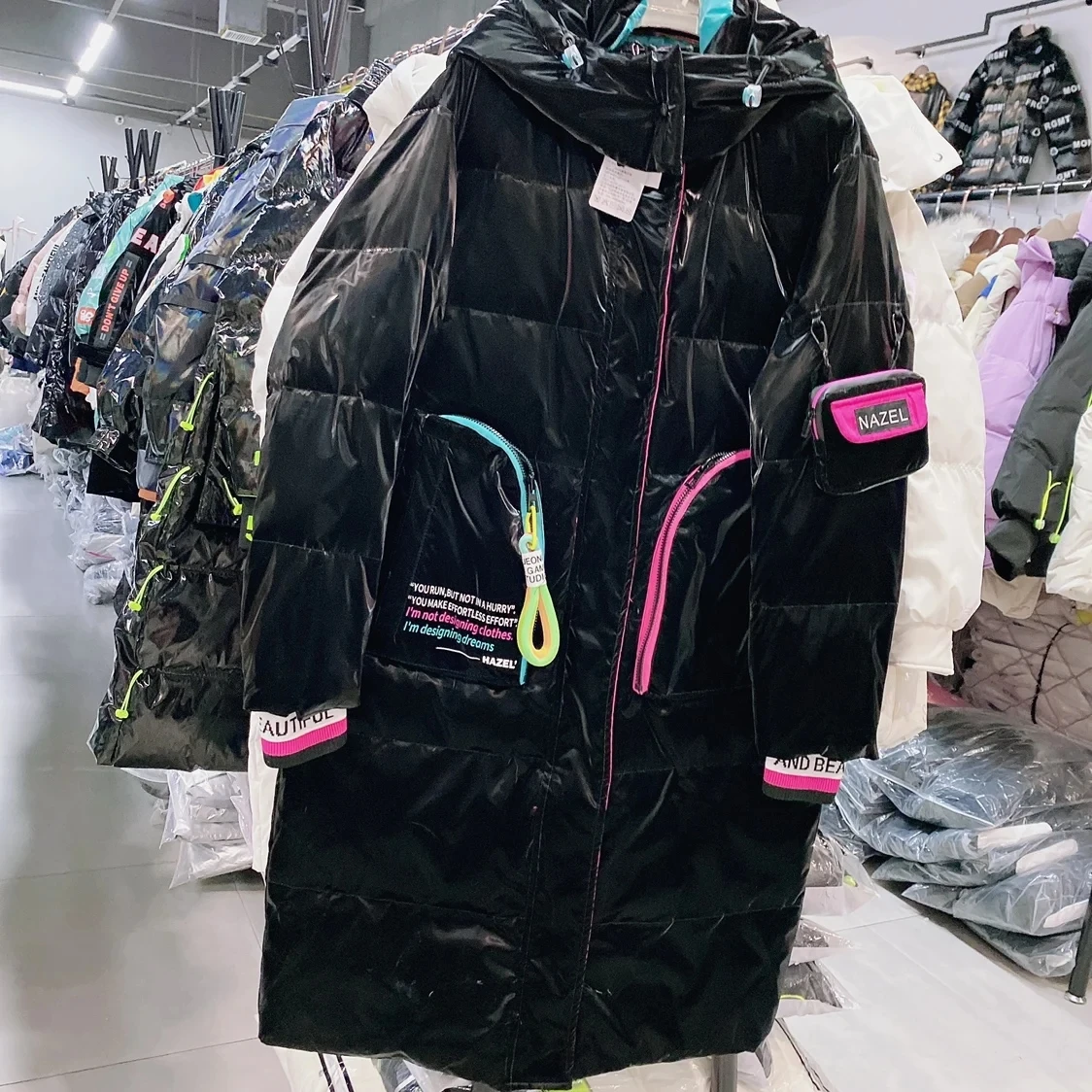 Winter Glossy Long Hooded Jacket Parka Women White Duck Down Big Pocket Knee Length Down Jacket Female Warm Down Outwears Coat