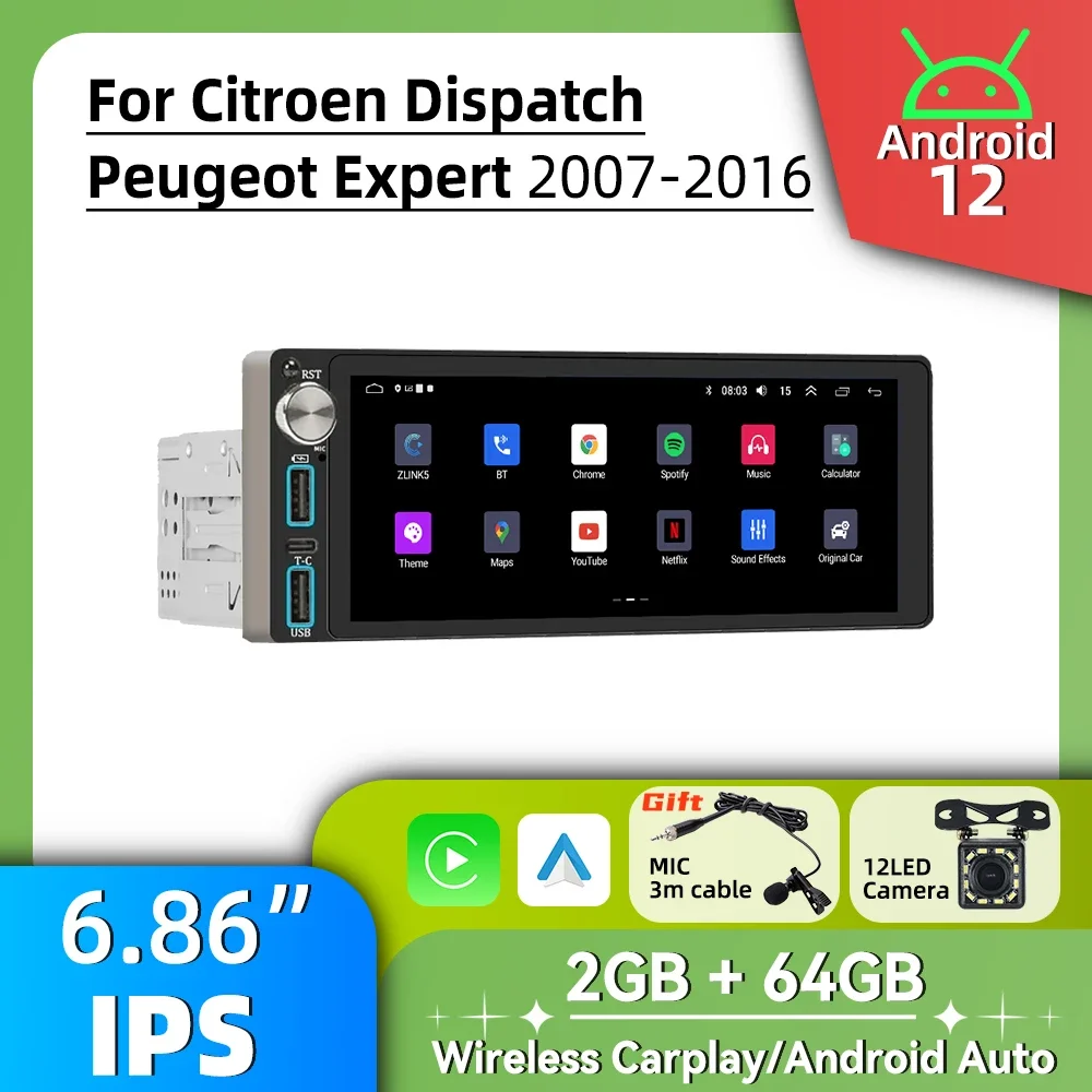 

Автомобильный радиоприемник 1 Din, авторадио, Android, мультимедиа для Citroen Dispatch Peugeot Expert 2007-2016, 6,86 дюйма, стерео головное устройство, Carplay