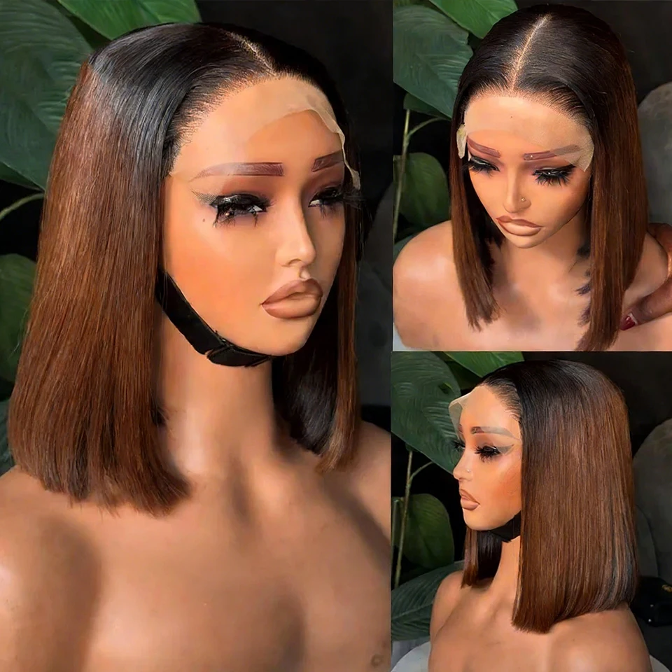 T1B/4 Ombre # Peluca de Cabello Humano Vietnamita con Frente de Encaje 13x4, Color Chocolate Marrón 4, 12A, Peluca con Frente de Encaje HD, Cabello Humano Liso