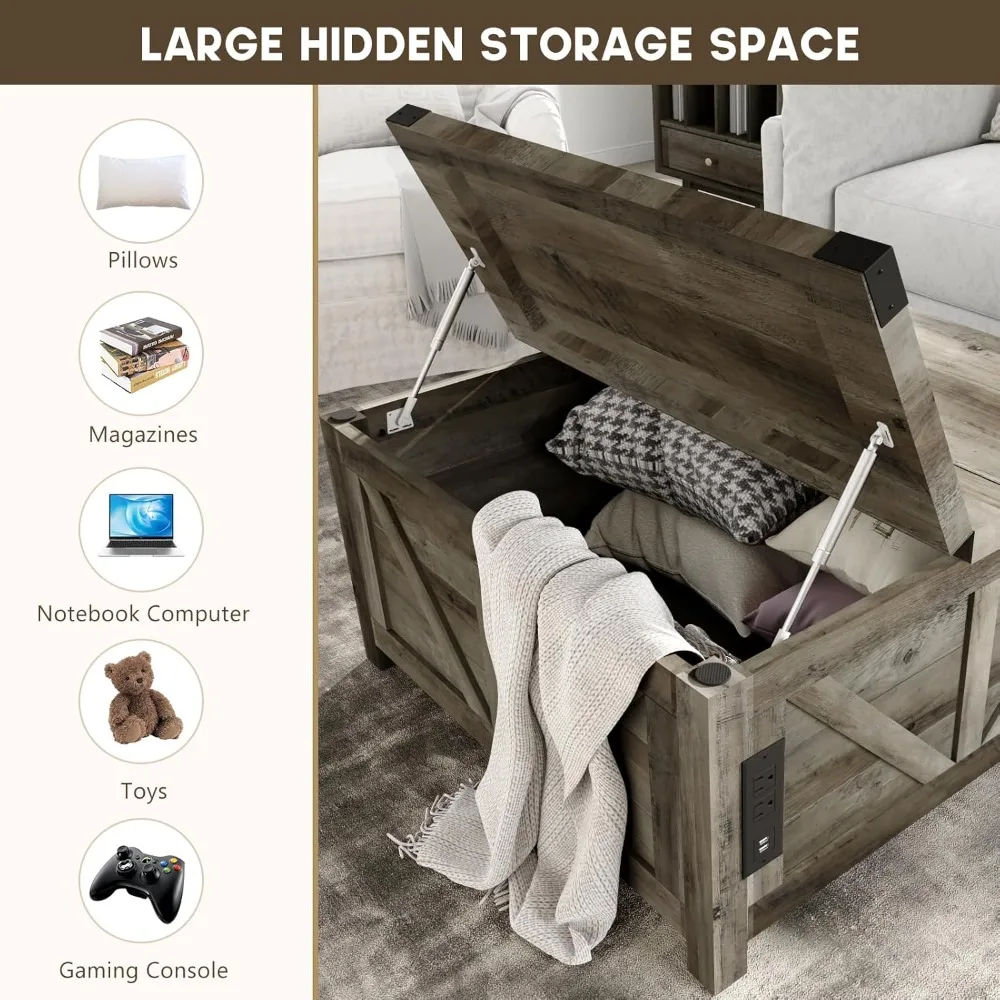 수납 공간이 있는 팜하우스 리프트 탑 커피 테이블, 충전 스테이션 및 USB 포트가 있는 나무 사각형 센터 테이블, 대형 거실 테이블