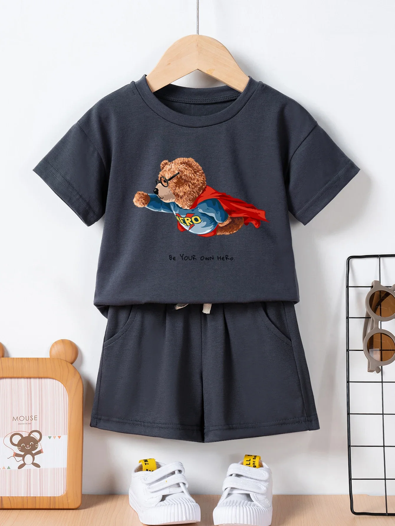 New Baby short sleeve shorts set cartoon men's and women's print summer  fashion cute bear 2024 fashion