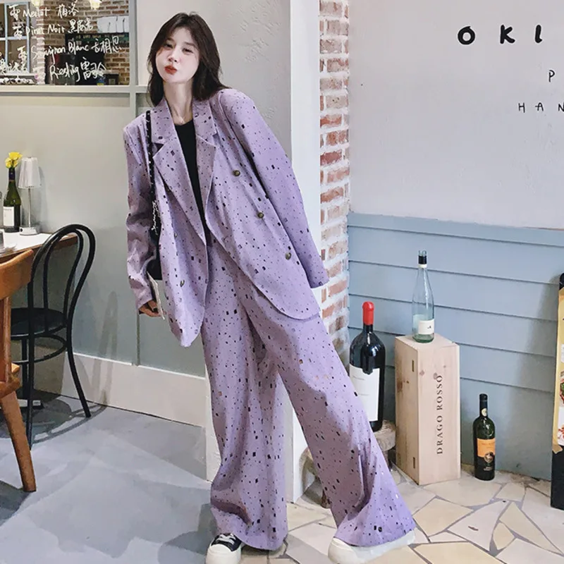 EAEOVNI Lila 2025, Herbst Neue Zwei Stück Set Frauen Mode Kontrast Farbe Design Blazer Mantel + Breite Bein Lange Hosen kleidung