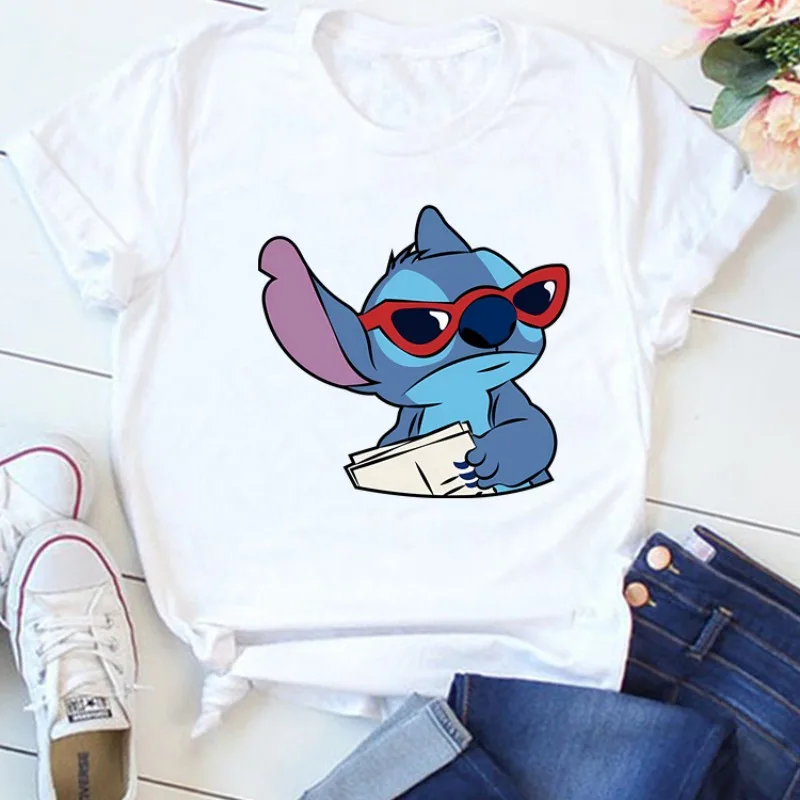 Disney-Camiseta gráfica feminina Lilo & Stitch de manga curta, camiseta feminina casual, roupas femininas, estampa Y2K, verão, novo