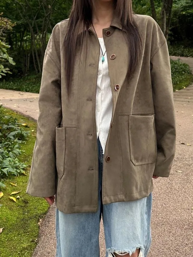 

Замшевая рабочая одежда в стиле ретро, женский свободный кардиган на одной пуговице, шикарный открытый кардиган, модный осенний модный французский верхняя одежда