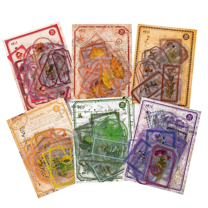 Mist Flower Series 30 Stück PET-Aufkleberpaket, leichter Retro-Pflanzenrahmen, DIY dekorative Schreibwaren, Notizbuch-Aufkleber – 6 Stile