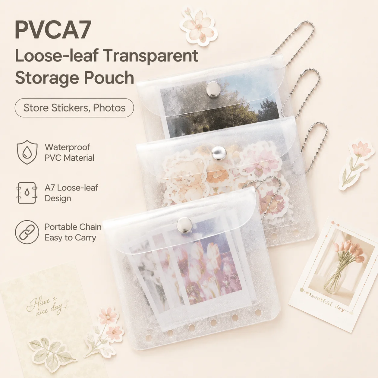 A7 6-Hole Glitter PVC Storage Pouch Transparent Loose Leaf Bag with Snap Button Chain Waterproof Organizer for Photos Stickers