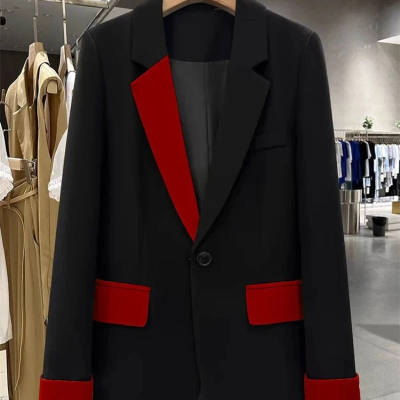 

Elegant Women's Blazer With Red Contrast Trim Casual Office Wear Single Button Design Classic Notched Lapel Spliced Detailing Sp