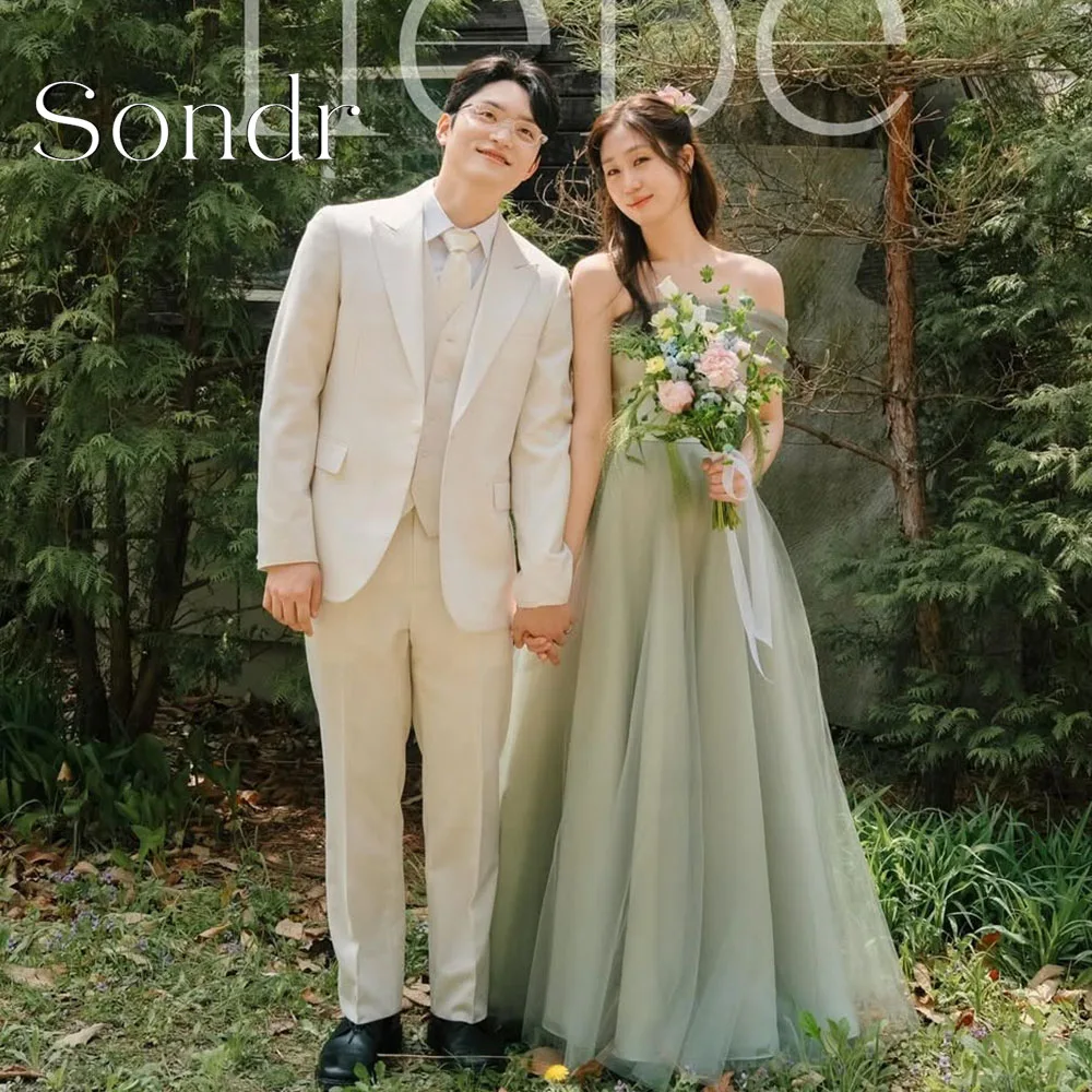

Sondr Customized Fairy Light Green Tulle Wedding Dress Korea Evening Party Photo shoot Off Shoulder Bridal Gowns Formal Dresses