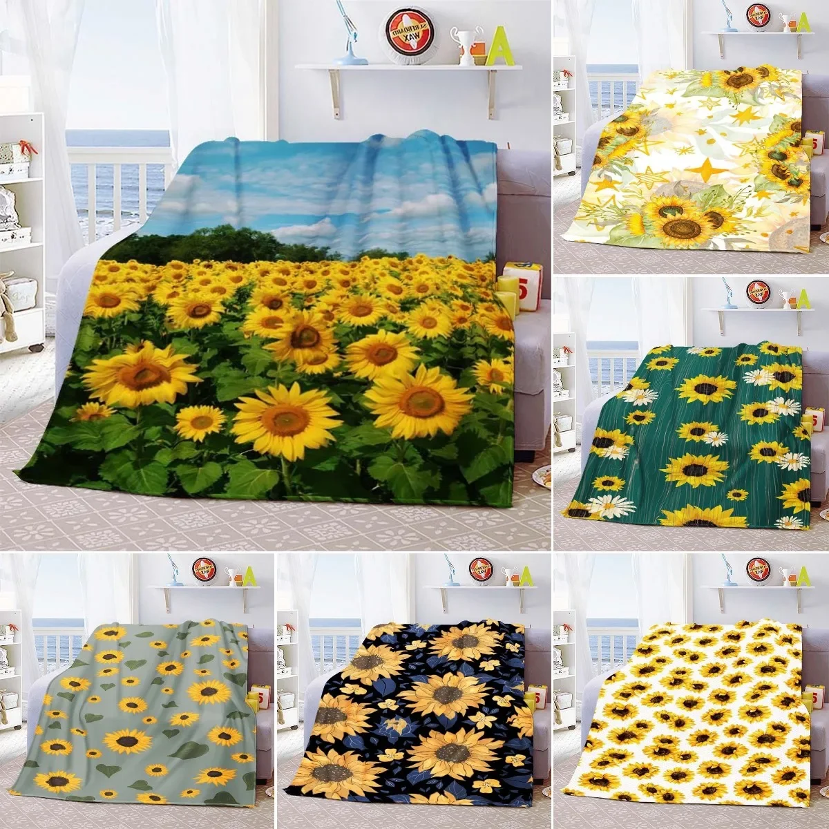 Sunflower Cute Floral Fleece Flannel Blanket Lightweight Comfortable Soft Warm Blanket for Bed Couch Sofa Blanket King Full Size