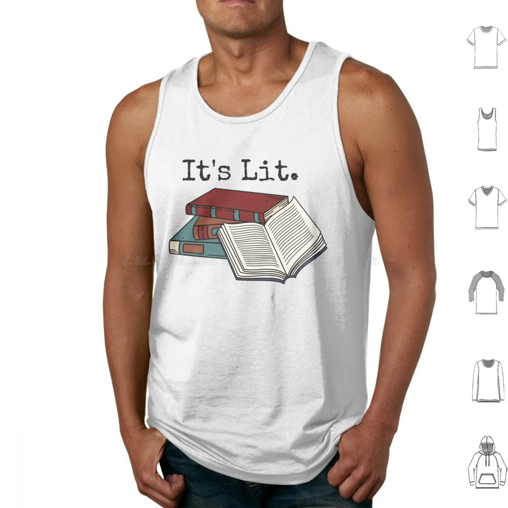 Its Lit Tank Tops Print Cotton Literature Pun Library Librarian Books Old Book School Bookshelf Learning Vintage Laptop