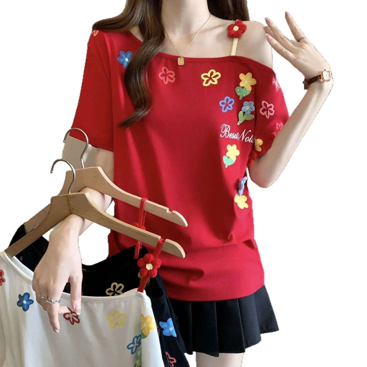 

Summer Large-size Women's Clothing Popular Loose Flower Embroidery Printing Irregular Off-the-shoulder Short-sleeved T-shirt