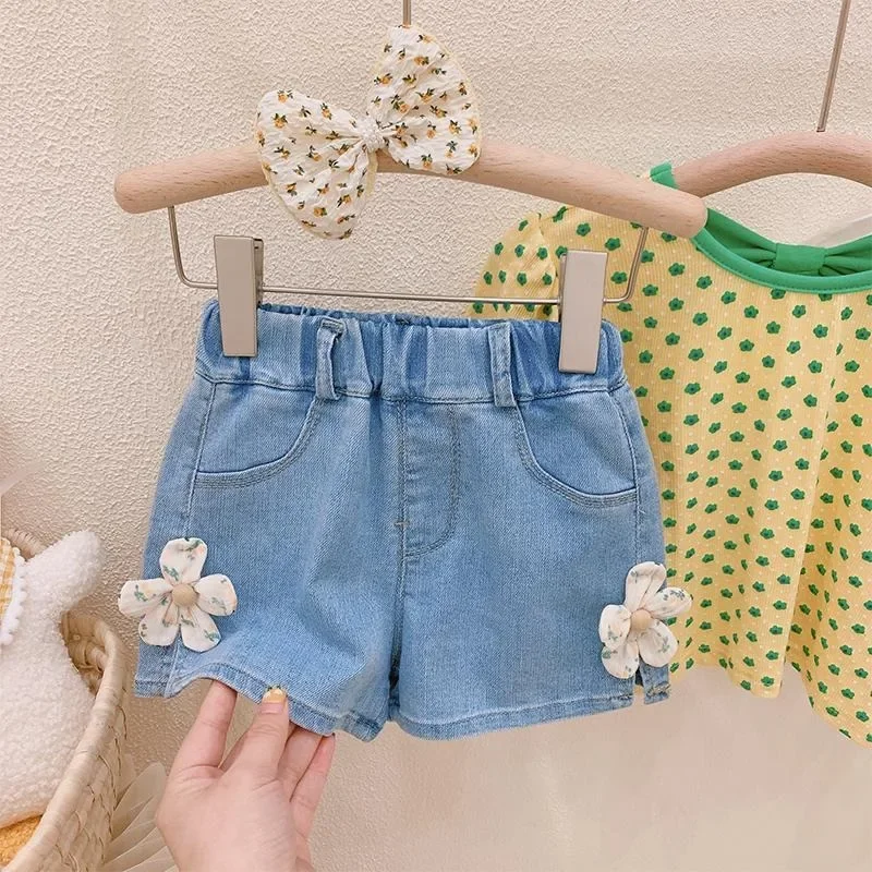 Children\'s High Waist Holes Big Children Girls Wear Wide Hot Pants Girls\' Denim Shorts 2024 New Style