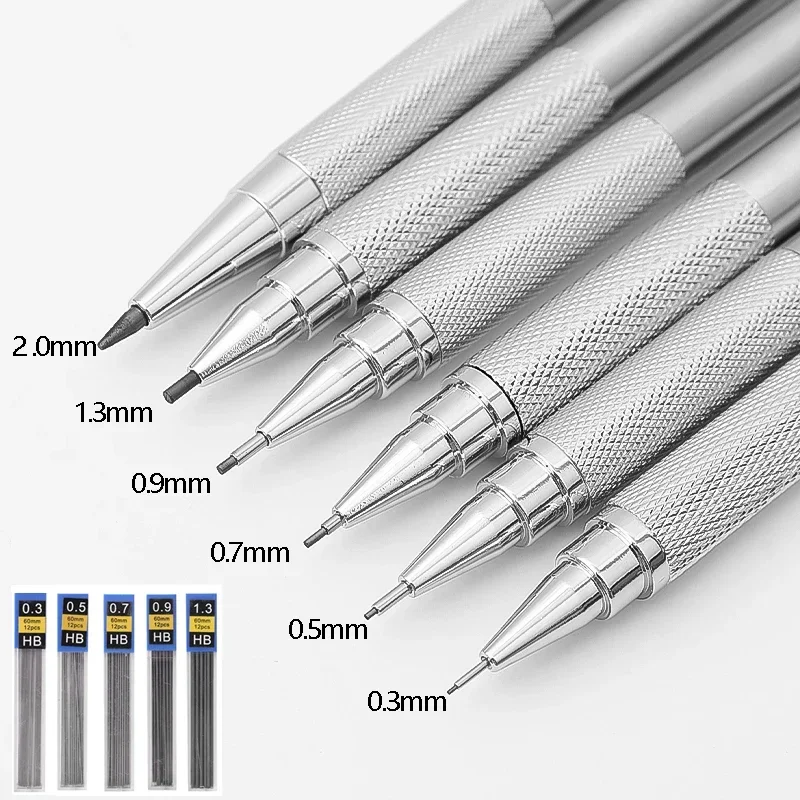 Druckbleistift aus Metall, 0,3/0,5/0,7/0,9/1,3/2,0 mm, Zeichnung, automatisches HB-Bleistift-Set mit Minen, Büro, Schule, Schreiben, Kunstbedarf