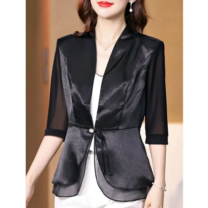 Small Suits, Thin Short Coats, Female 20222 Spring Summer New Fashion Age-Reducing Mesh Satin Stitching Mid-Sleeve Women's Tops