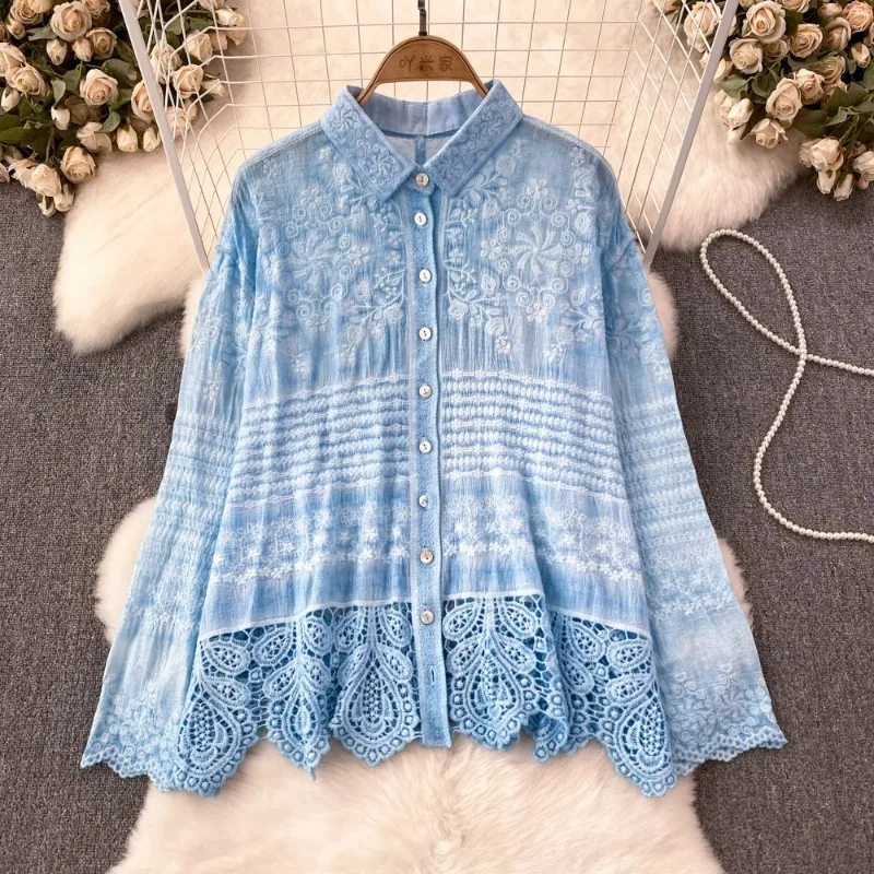 

Turn Down Collar Single-breasted Blouses Blusas Mujer De Moda 2024 Spring New Embroidery Lace Patchwork Vintage Elegant Shirts