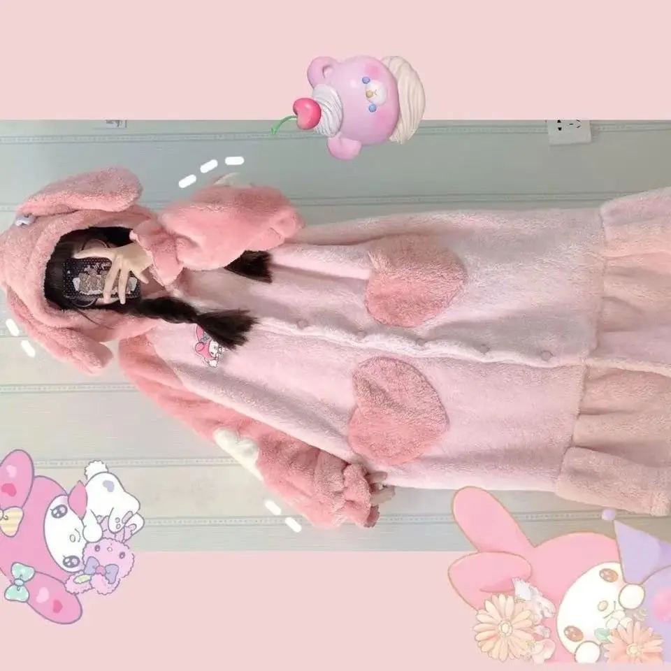 Camisón bonito My Melody, pijamas con capucha de terciopelo Coral Y2k, camisón dulce para niña, suéter Kawaii, ropa informal cálida para el hogar