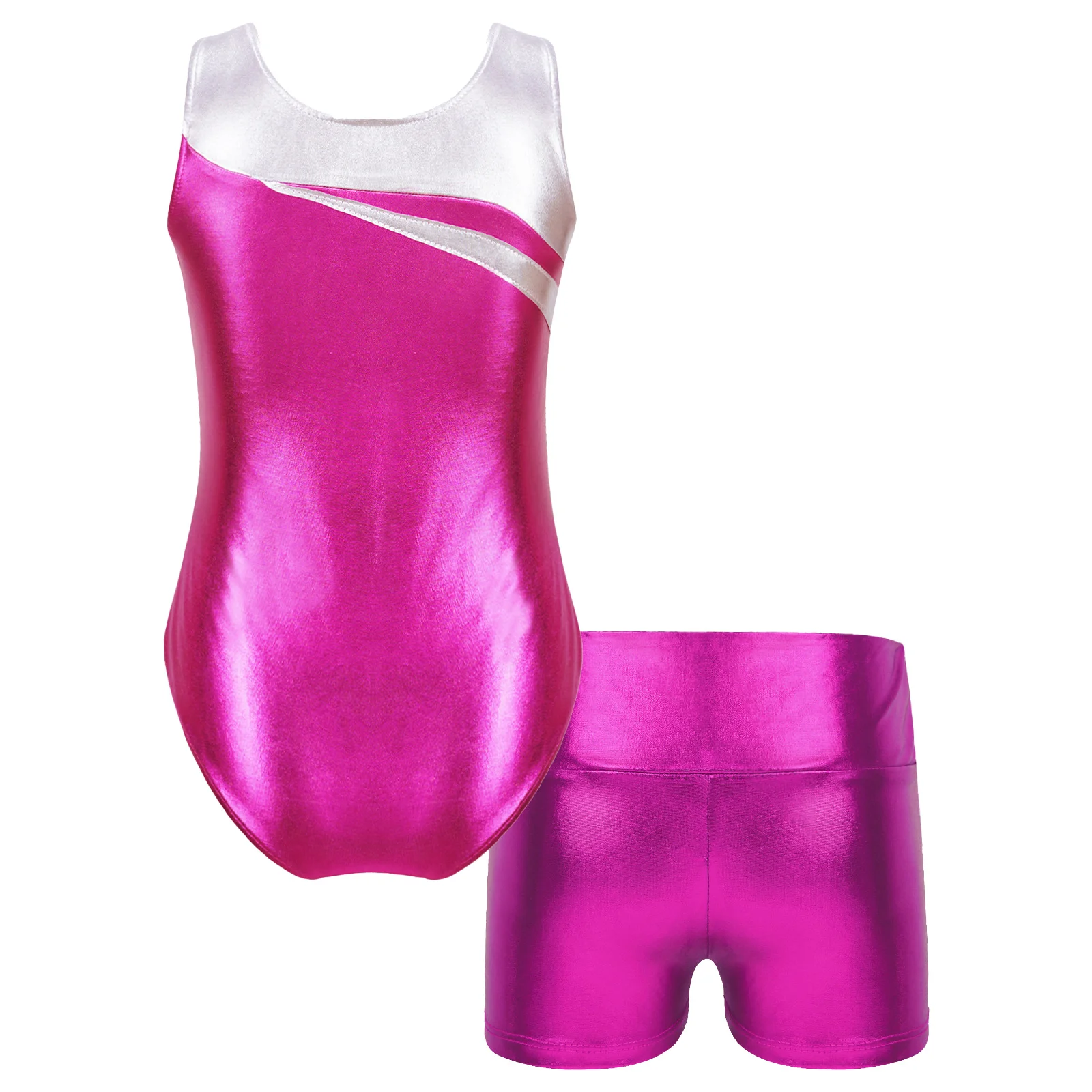 Metallic Sleeveless Ballet Leotard Gymnastics Bodysuit with Shorts Set Kids Girl 2Pcs Sports Outfits Workout Dance Suits