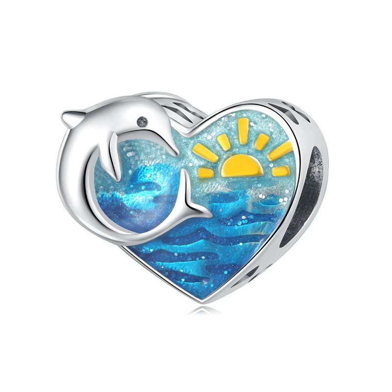 

For Original Bracelets 925 Sterling Silver Dolphin Heart Shape Charms Marine organism Beads DIY Jewelry Brithday Gift