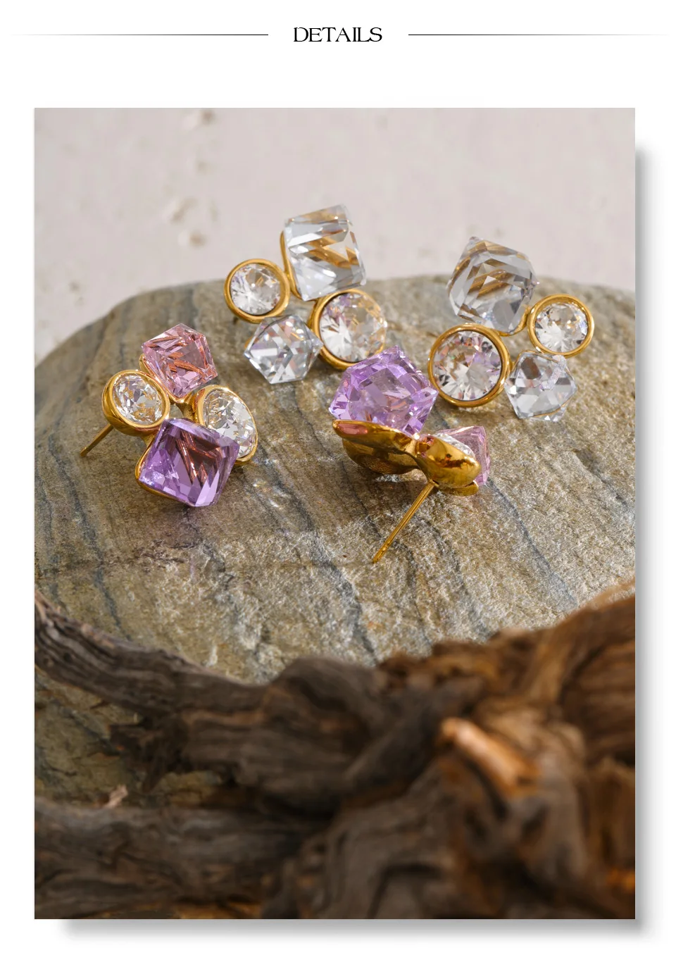Yhpup Lila-weiße Farbe, K9-Kristall, geometrische Ohrstecker, Edelstahl, glänzend, exquisit, stilvoll, goldfarbener Schmuck, PVD – Detail 8