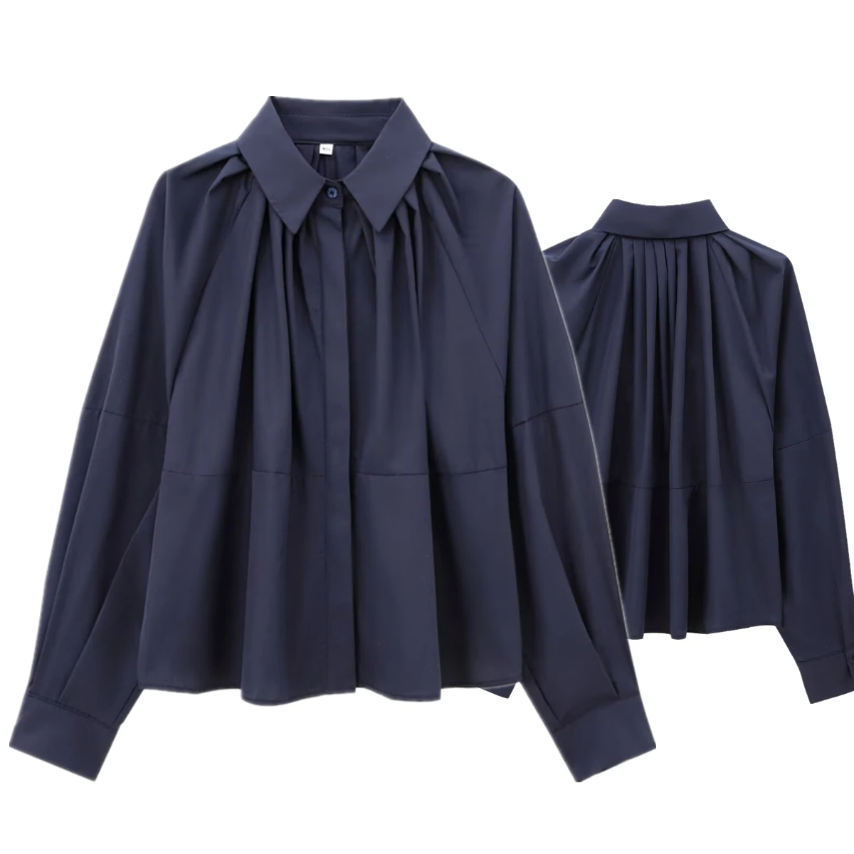 Jenny&Dave Minimalist Navy Blue Pleated Casual Shirt Women Tops Long Sleeve Elegant Blouse Women Tops