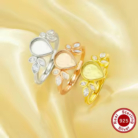 6x8MM Breast Milk Resin Pear Bezel Ring Settings,Leaf Solid Back 925 Sterling Silver Ring,Vintage Styles Ring 1294905