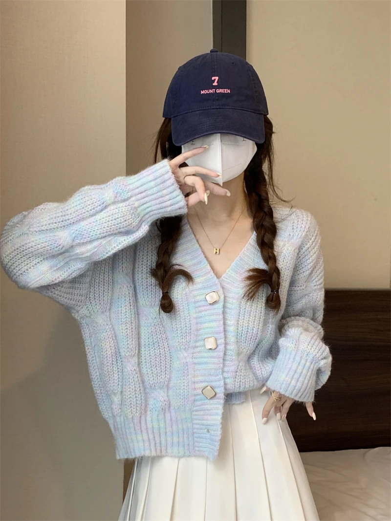 

Корейский вязаный кардиган Sweet Milk Blue, женский ранняя весна, новый свободный свитер Personali с базовым слоем, длинное пальто с v-образным вырезом...